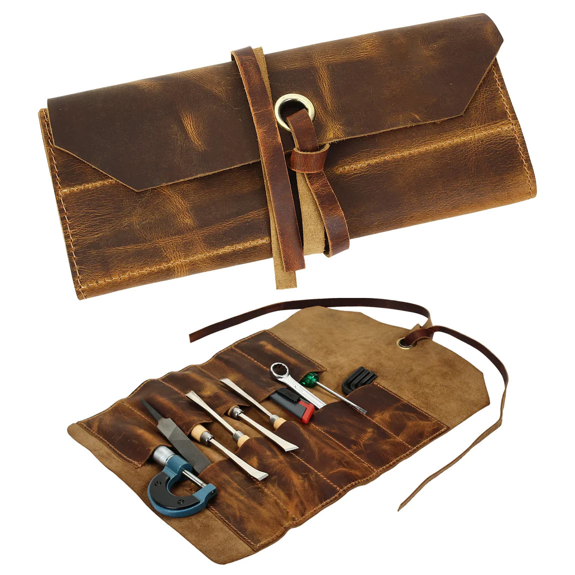 Full Grain Leather Tool Roll Up Pouch